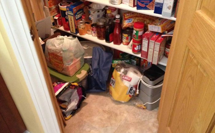 A photograph of a full pantry with a cat inside of the bag of toilet paper on the floor 