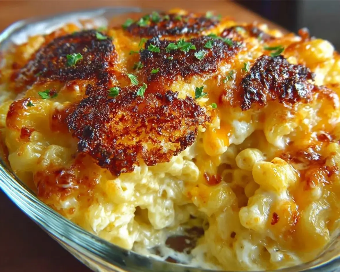 Delicious bowl of Good Old Fashioned Mac and Cheese topped with breadcrumbs